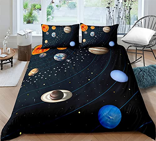 Timiany Kinder Bettwäsche Set Sonnensystem Planet Jungen-Teenager-Bettbezüge Mit Reißverschluss 135x200cm+80x80cm Planeten & Sterne Mikrofaser Bettbezug (Universum-H,135x200+80x80)