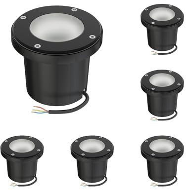 ledscom.de 6x Bodeneinbauleuchte BOFU für außen, IP67, schwenkbar, schwarz, rund, 150mm Ø, 1x GU10 max. 15W, Milchglas