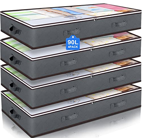 Budding Joy 4 Pack Underbed Storage, 90L Large Under Bed Storage Box with Lid, Clothes Storage Bags with Clear Window and Reinforced Handles for Blanket, Clothes, Comforters, Grey