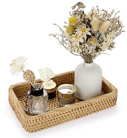 IGNPION Rattan Serving Tray Decorative Display Tray Table Storage Tray Toilet Tank Paper Tray Desktop Organiser Tray for Kitchen, Makeup, Vanity, Napkin, Candle, Ornament(25cm, Natural)