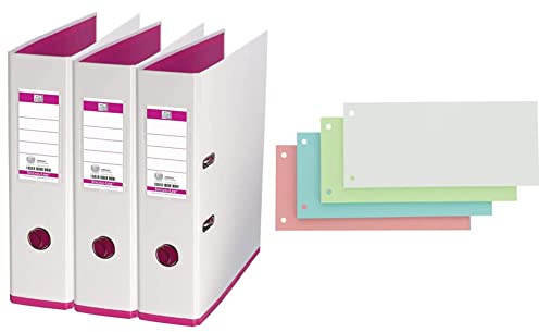 Oxford Ordner A4, MyColour, 8 cm breit, zweifarbig weiß und pink, 3 Stück & Trennstreifen, aus Karton, gelocht, 190 g/m², 4 Farben, 100 Stück