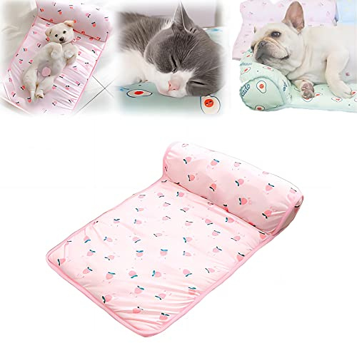 Kühlbett für Katzen/Hunde, Sommer-Haustier-Kühlmatte aus Eisseide mit Kissen, waschbare Kühlmatte aus Eisseide, Kühldecke für Haustiere, kühle Unterlage für Hunde und Katzen (Pink,S (23.6*15.7in))