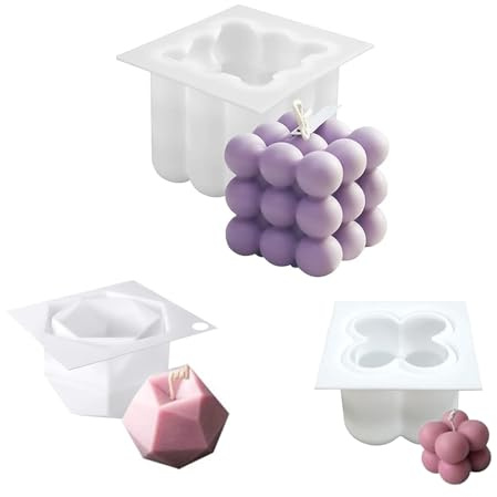 FINDIR 3 Pièces Moule pour Bougies Moule à Bougie en 3D Moules à Bougies En Silicone 3D Cube Boule Silicone Moulle Silicone Resine Epoxy pour la Fabrication de Bougies, Savon