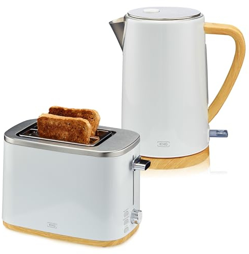 KHG Wasserkocher und Toaster-Set 2-teilig, 2.200 & 800 W, für Frühstück | Frühstücksset mit Kapazität 1,7 L Volumen & 2 Scheiben Toast, Küchenset mit Kalkfilter & Krümelfach, Holzoptik