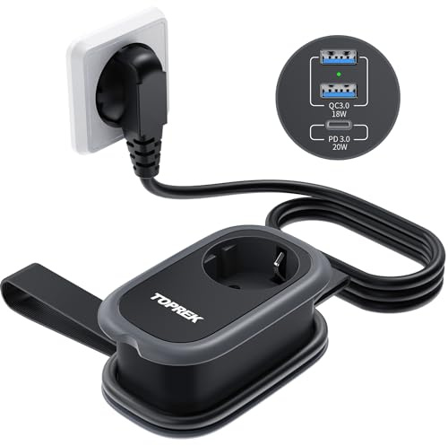Reise Steckdosenleiste mit 3 USB Schnelllade, 4000W/16A Mehrfachsteckdose, Mehrfachstecker Verteilersteckdose Überspannungsschutz mit 1,13M Umwickeltes Verlängerungskabel Schwarz