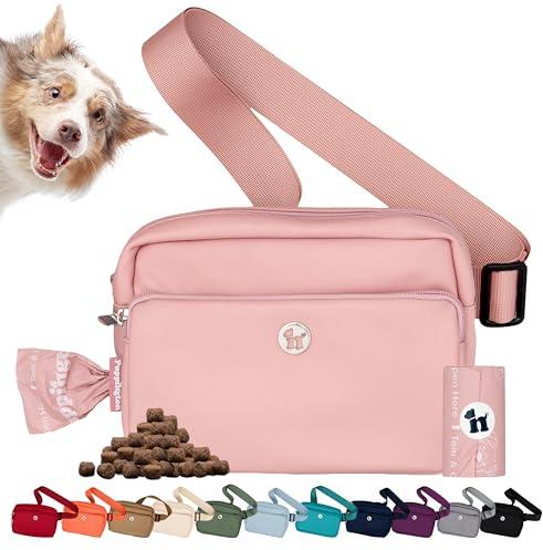 Puppington 3-in-1 Crossbody Dog Walking Bag & Treat Pouch with Matching Planet Safe Poop Bags & Built-In Dispenser - Zippered Pockets (Blush Pink)