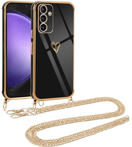 Vauki handyband für Samsung Galaxy S23 FE 5G Hülle mit Band, Handyhülle mit Kette, Herz Motiv, Ultra Dünn Stoßfeste Aesthetic Case mit Kordel zum Umhängen für Samsung S23 FE 5G, Goldene Metallkette