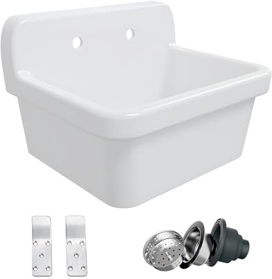 Eridanus 24 Inch Utility Sink, Farmhouse Kitchen Sink Wall Mounted Laundry Sink Floating Porcelain Ceramic Trough High Back for Garage, Workshop, Washing Room, Bathroom, 24 x 19 x 16.5