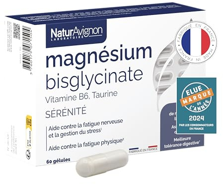 Magnesium Bisglycinate | Fatigue intense épuisement anti stress anxiété angoisse | vitamine b6 taurine | Haute absorption | 1 mois | Made in France | Laboratoire NaturAvignon