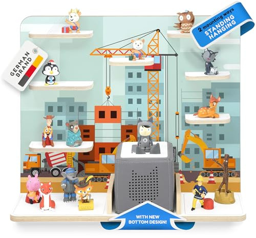 stadtecken egal für Tonies & Toniebox – Musikbox Wandregal aus 10mm Holz – Platz für 35-50 Figuren mit Magnetfunktion – Handgefertigt – Zum Aufstellen oder Aufhängen (Baustelle, Groß)
