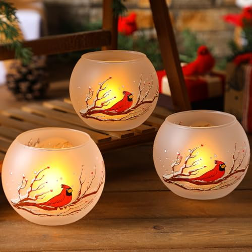 3 Pcs Christmas Cardinal Votive Candle Holder Red Bird Tealight Candle Holder Red Cardinal Memorial Gift for Loss Glass Xmas Desk Decor Sympathy Bereavement Gift (Only Applicable to LED Candles)