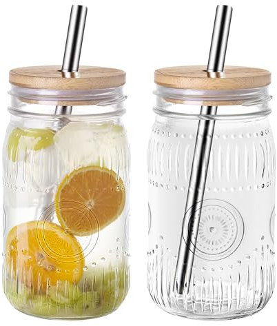 Amzcku 32oz vintage Mason Jars with Bamboo Lids and Stainless Steel Straws -Wide Mouth Quart Canning Jar, Reusable 32oz Boba & Smoothie Cups (2-Pack)