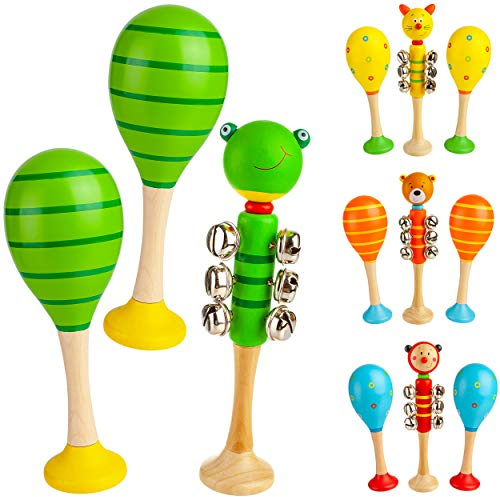 alles-meine.de GmbH Kinder Rasseln/Musikinstrumente Modell & Farbwahl Schellenstab & 2 Maracas Rasseln/Schellenrassel - Holz - lustige Tiere - Musikintrument/Musik für ..