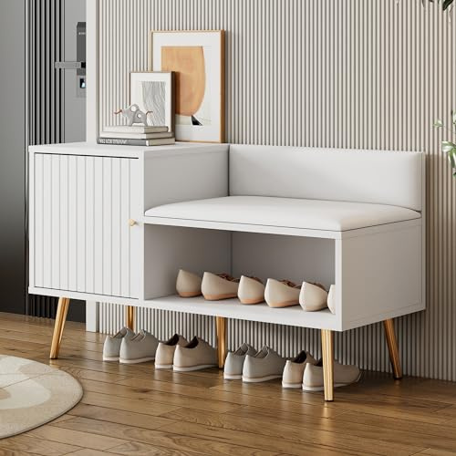 Merax Schuhschrank mit gepolsterter Sitzbank und Rückenlehne, Schuhbank mit Sitzfläche, mit Stauraum, Metallgriffen und Metallbeinen, Weiß, B100/T40/H58 cm