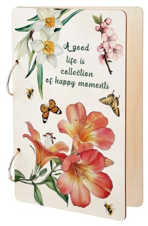 SUPERDANT Collection Happy Moment Greeting Card Holder Flower Butterfly Wooden Loose Leaf Binder Greeting Card Postcard Photo Album 2-Rings Cover Keeper Book Holder Keepsake for Birthday Christmas