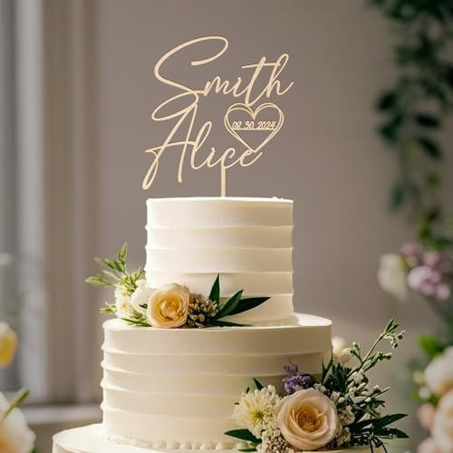 Party to Be Personalized Wedding Cake Topper with Custom Bride and Groom's Names and Wedding Date in Heart Cake Decoration in Wood