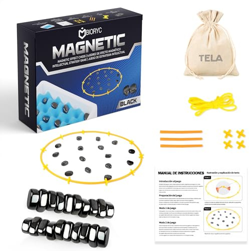 BIORYC Ajedrez Magnético Negro con 20 imanes. Incluye Bolsa de Transporte de Tela, Tablero de Esponja y Accesorios. Juegos de Mesa. Juego de Imanes