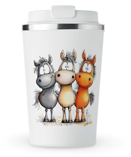 MAXIKIWI - Insulated Double Walled, Leakproof Stainless Steel Mug, Coffee or Tea Travel Tumbler with Lid, Keep Drinks Hot and Cold - Cute Silly Horses - 350ml