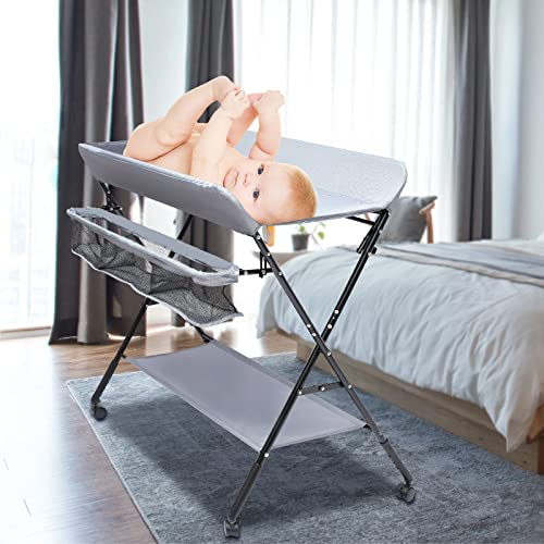 Baby Wickelkombi Mobiler Wickeltisch mit 3 Fächer klappbare Wickelkommode Wickelauflage mit Sicherheitsgurt, für Babys unter 12 Monaten, Höhenverstellbar, 80 x 63 x 96 cm