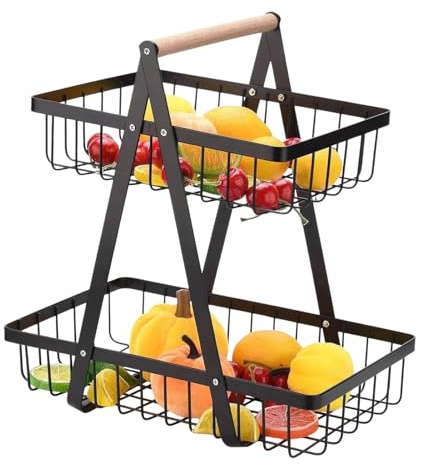 Sivono Obstkorb schwarz,Obst Etagere mit 2 Etagen Obstschale Moderne Obstschale, Praktischer Obstkorb,Etagere obst aus Metall für Brot, Gemüse, Snacks, Eckregal Stehend Aufbewahrung Küche