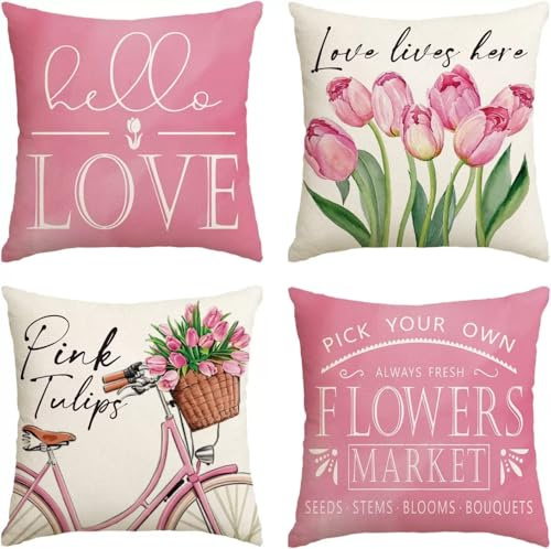 MorLuks 4er Set Kissenbezüge 45x45 cm Frühling Tulpen, Kissen Frühling Deko Zierkissenbezüge, Kissenbezug Tulpen Deko Kissenhülle für Wohnzimmer Couch Sofa Schlafzimmer Bett Auto Dekoration
