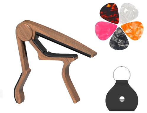 Cejilla de guitarra para guitarra acústica de 6 cuerdas y 12 cuerdas, con soporte para púas y 5 púas, cejilla de metal para ukelele, mandolina, banjo y otros instrumentos de cuerda (palisandro)