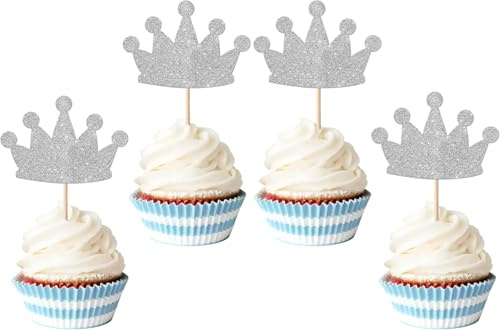24 Stück Krone Tortendeko Glitzer Prinzessin Thema Cupcake Toppers Mini Krone Kuchen Deko für Baby Dusche Prinzessin Thema Geburtstag Hochzeit Party Kuchen Dekorationen Silber