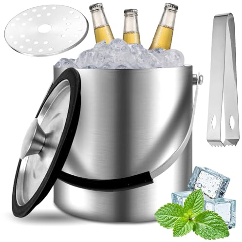 CEWROM Eiswürfelbehälter Edelstahl mit Deckel und Zange, 2.2L Doppelwandig Isoliert Edelstahl Eisbehälter, Premium Eiseimer für Eiswürfel, Ideal zum Kühlen von Bier Champagner Wein