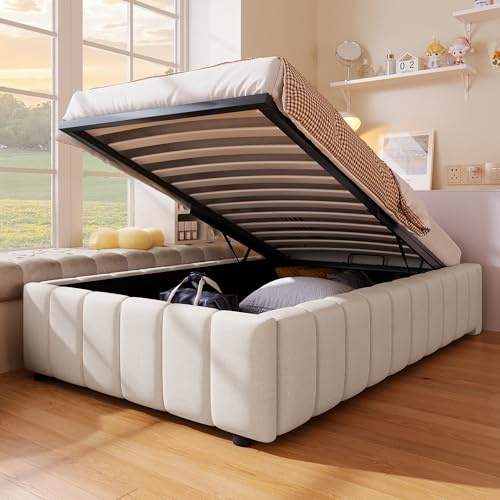 Polsterbett 90x200, Einzelbett mit Stauraum und Lattenrost, Ohne Kopfteil Bettrahmen mit hydraulisches Bettkasten, Hydraulisch Bett Stauraumbetten Bettgestell Jugendbett, Leinen, Ohne Matratze, Beige