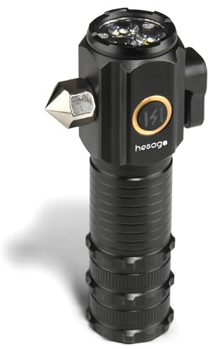 Hesago TactiBeam – Taktische Taschenlampe 1300 Lumen Superhell – Notfall-Glasbrecher – Selbstverteidigung – USB-C-aufladbar – Magnetische Basis – Sicherheitsgurtschneider – Verstellbar – Stroboskop