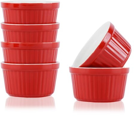 Lot de 6 ramequins à crème brûlée - 200 ml - Passe au four - Pour crème brûlée et soufflé - Pour la cuisson, la crème brûlée - En céramique - Rouge
