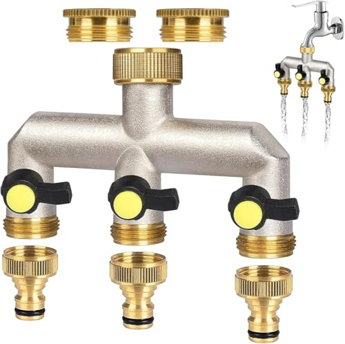 ilauke Distributeur d'eau 3 voies pour robinet 3/4 en laiton avec 2 raccords de robinet de 3/4 vers 1/2 pour maison, cour, machine à laver, tuyaux d'arrosage