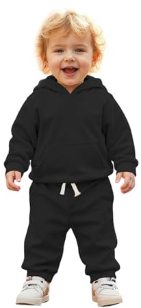 BOUTIKOME Abbigliamento per bambini e bambine, abbigliamento per neonati, con cappuccio e pantaloni, set da 2 pezzi, con cappuccio, caldo, morbido, a maniche lunghe, tinta unita per bambini, Nero , 18