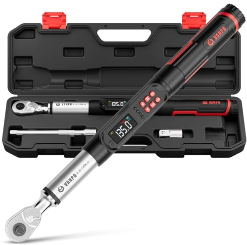 VANPO Llave Dinamometrica Digital 3/8, 6.8-135 NM Electronica Llave Dinamometrica con Pantalla LCD, 4 Unidades, Aviso Sonoro y Vibratorio, Trinquete Reversible ±2% para Coche Moto & Bicicleta