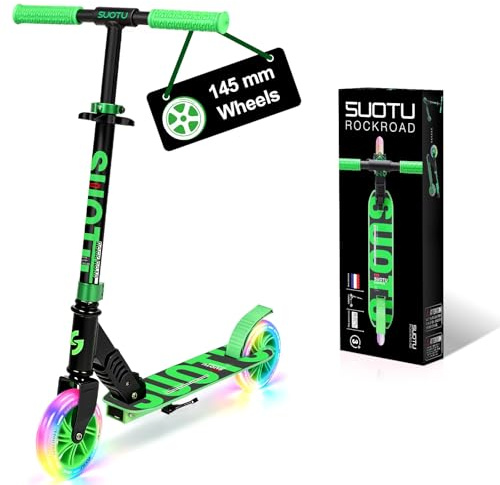 SUOTU Patinete Niño con Grandes Ruedas Iluminadas de 14,5 cm, Scooter para Niños de 3 a 12 Años, Plegable, Volante Ajustable Altura, Aluminio (Negro- Verde)