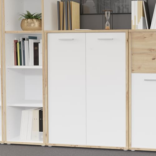 Forte KEFLAVIK Schrank 80 90, moderner Büroschrank mit 2 Türen, Holzwerkstoff, Artisan Eiche Holzdekor | Weiß, 84,5 cm breit x 115,1 cm hoch x 41,5 cm tief