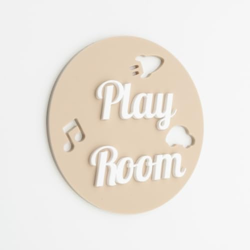 Play Room Door Sign, 9cm Diameter, Beige and White Acrylic, Decorative Kids Room Wall Decor