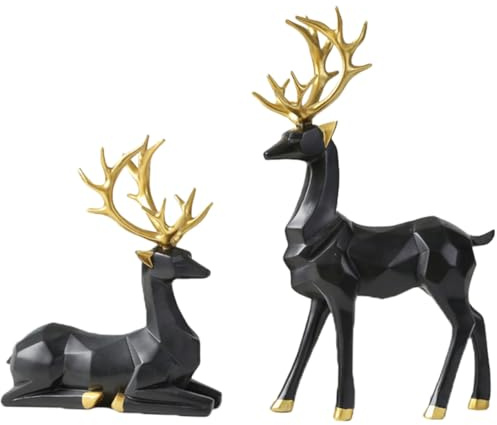 TOBBOMEY 2 Stück Moderner Teiliges REH Deko aus Resin Schwarz Geometrische Weihnachtsdeko Stilvolle Hirschfigur für Wohnzimmer und Tisch Minimalistische Rentier Skulptur als Festliche Deko