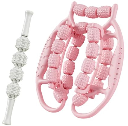 Perfeclan Masajeador de piernas con Rodillos relajantes, Varilla de Masaje de 23 Ruedas, Manual, con Abrazaderas Circulares para Brazos y Manos, Rosa