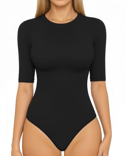 ALGALAROUND Body pour femme - Col rond - Manches mi-longues - Manches longues - Haut basique - Coton - Manches longues - Pour femme - Hiver et automne