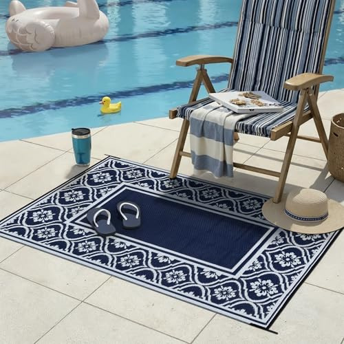 PureCozy Tappeto da Esterno Antipioggia 120x180cm, Impermeabili Eeversibili Lavabili, Antiscivolo, Anti-UV, Tappeto per Terrazze,Giardini,Camper,Picnic,Balcone,Blu & Bianco