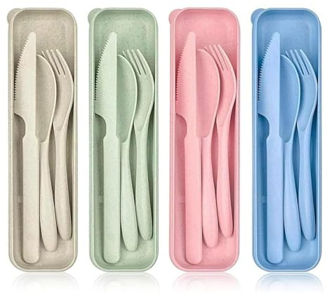 4 Pack Travel Cutlery Set with Case, Portable Fork Knife Spoon for Outdoor, Picnic, School and Office