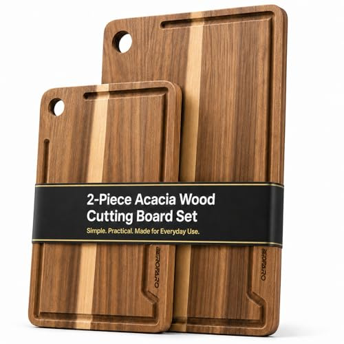 Bierofaro Acacia Wooden Chopping Board Set of 2, Wooden Cutting Boards for Kitchen with Juice Grooves and Hanging Holes, Reversible Boards for Meat, Vegetables, Fruit, Bread, Cheese and Charcuterie