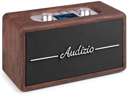 Audizio Tune60 – Radio Retro portátil con Dab+ FM Bluetooth 5.0 Altavoces 40W Pantalla LCD USB MicroSD AUX Alarma Temporizador diseño Vintage Ideal para hogar y Viaje – Color Madera Oscura