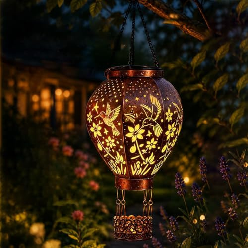 Solar-Powered Hot Air Balloon Lantern,Hummingbird/Mushroom Solar Lights,Solar Lanterns Light,Vintage Hanging Solar Lights Outdoor Garden Lantern Waterproof Metal Lamp Garden Ornaments for Patio (B)