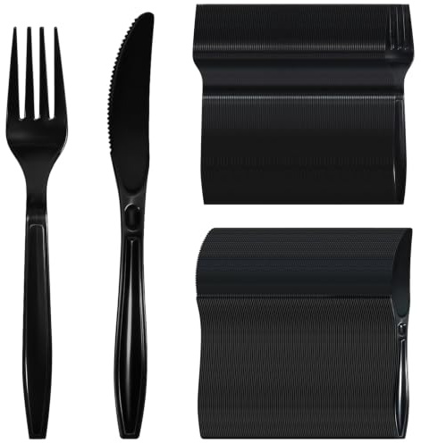 Set de 200 cubiertos reutilizables – 100 cuchillos + 100 tenedores, negros, resistentes, lavables, para fiestas, barbacoas, bodas y buffets