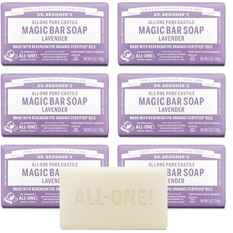 Dr. Bronner's Pure-Castile Magic Soap Bars (Lavender, 5 oz, 6-Pack)- Bath Soap with Regenerative Organic Certified Oils- For Face, Body & Hair - Gentle, Biodegradable, Vegan- Bar Soaps for Men & Women