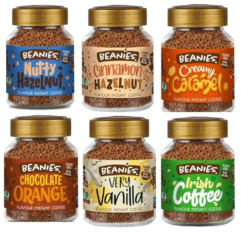 Beanies Flavoured Instant Coffee Variety Pack - 6 x 50g jars - Chocolate Orange, Irish Coffee, Nutty Hazelnut, Creamy Caramel, Cinnamon Hazelnut, Vanilla.