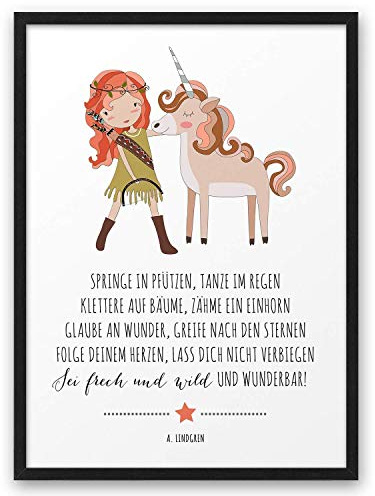 MÄDCHEN EINHORN FRECH WILD | ABOUKI Kunstdruck | Bilder Kinderzimmer Deko Poster Kinderzimmer Bilder Jungen Mädchen Wandbilder Babyzimmer Kinder Kinderbilder Tierbilder | Optional Personalisiert