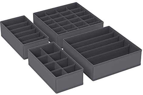 SONGMICS Unterwäsche-Organizer 4er Set, Schubladen-Organizer, faltbar, Ordnungssystem Kleiderschrank, Aufbewahrungsbox Schrank, Stoffboxen Aufbewahrung, für BHs, Socken, Krawatten, grau RUS04GY